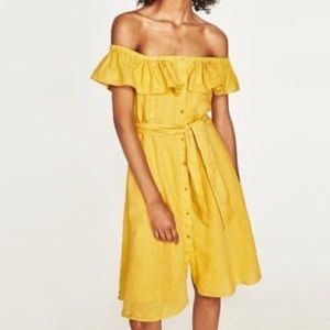 Zara “Linen” Off-Shoulder Yellow Ruffle Button-Down Dress Size Medium Women’s